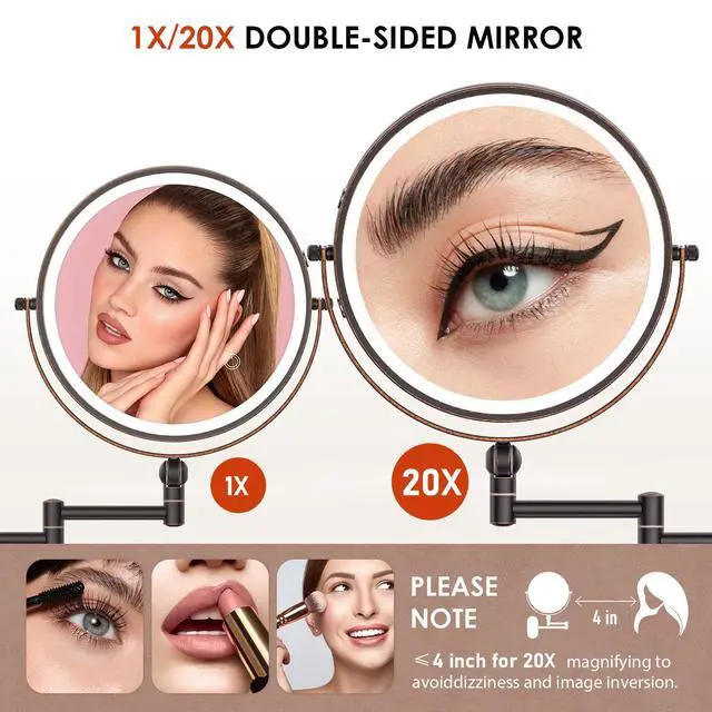 Alt view image 3 of 6 - 9" Wall Mounted Lighted Makeup Mirror,4000mAh Rechargeable Double Sided 1X/20X Magnifying Mirror with Light,Touch Dimmable,Extended Arm 360 Rotation Wall Mounted Makeup Mirror 3 Color Lights-Bronze