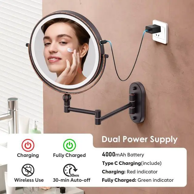 Alt view image 4 of 6 - 9" Wall Mounted Lighted Makeup Mirror,4000mAh Rechargeable Double Sided 1X/20X Magnifying Mirror with Light,Touch Dimmable,Extended Arm 360 Rotation Wall Mounted Makeup Mirror 3 Color Lights-Bronze