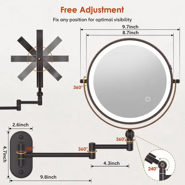 Alt view image 6 of 6 - 9" Wall Mounted Lighted Makeup Mirror,4000mAh Rechargeable Double Sided 1X/20X Magnifying Mirror with Light,Touch Dimmable,Extended Arm 360 Rotation Wall Mounted Makeup Mirror 3 Color Lights-Bronze