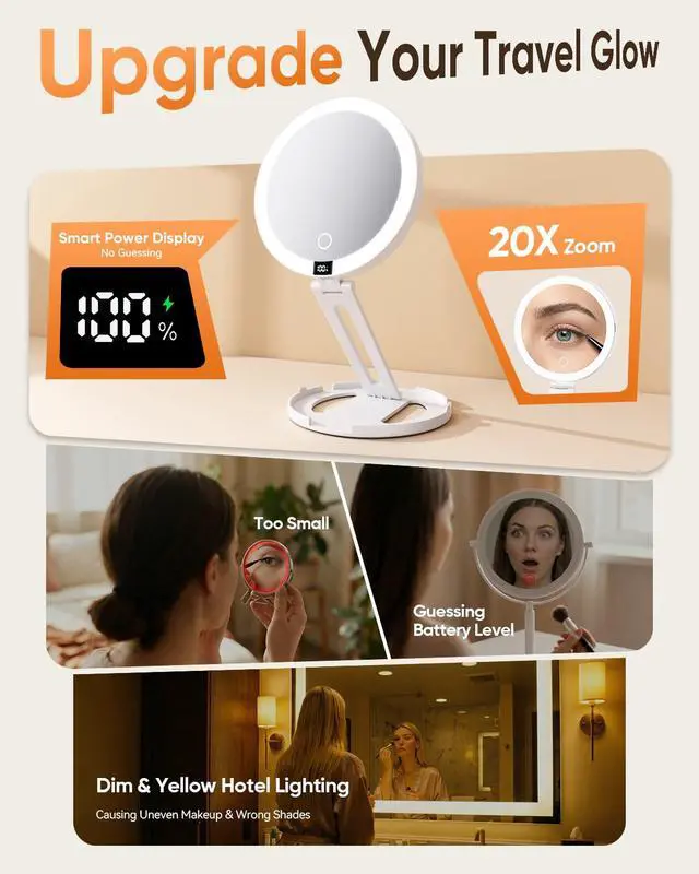 Alt view image 2 of 7 - Travel Makeup Mirror with Lights (Gen 3) - 20X/1X Dual Sided Magnifying Mirror - 3 Color Lighting, CRI 95+, Rechargeable - Portable Mirror for Desk & Travel