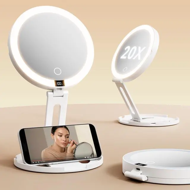 Main image of Travel Makeup Mirror with Lights (Gen 3) - 20X/1X Dual Sided Magnifying Mirror - 3 Color Lighting, CRI 95+, Rechargeable - Portable Mirror for Desk & Travel