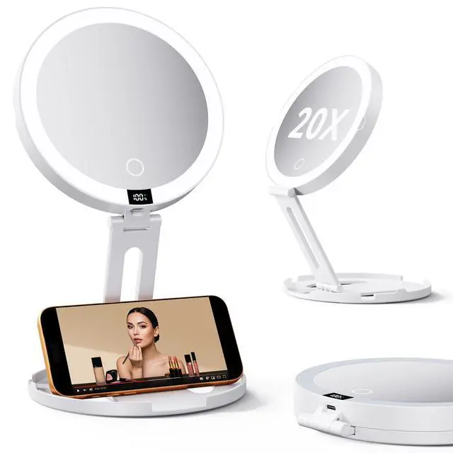 Alt view image 7 of 7 - Travel Makeup Mirror with Lights (Gen 3) - 20X/1X Dual Sided Magnifying Mirror - 3 Color Lighting, CRI 95+, Rechargeable - Portable Mirror for Desk & Travel