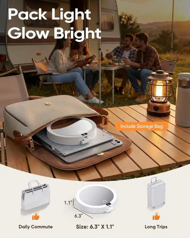 Alt view image 5 of 7 - Travel Makeup Mirror with Lights (Gen 3) - 20X/1X Dual Sided Magnifying Mirror - 3 Color Lighting, CRI 95+, Rechargeable - Portable Mirror for Desk & Travel