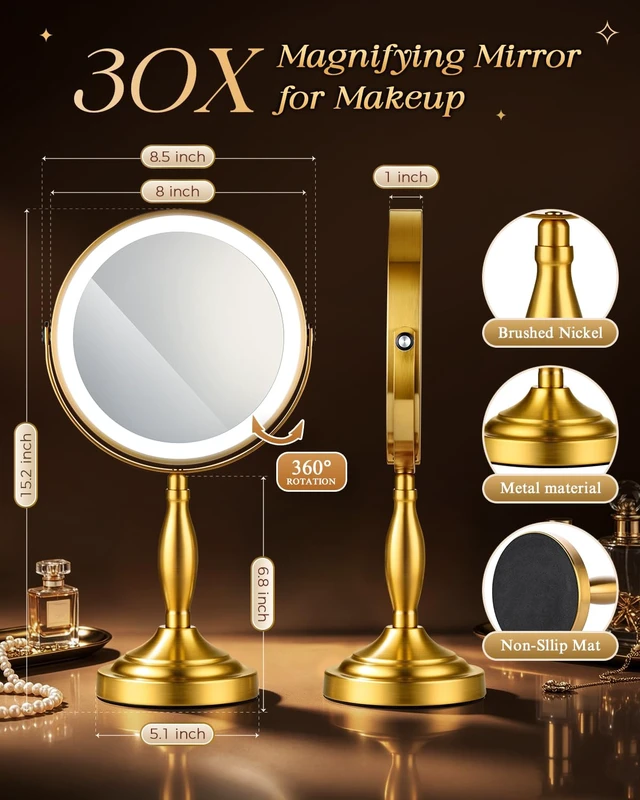 Alt view image 7 of 7 - 30X/1X Makeup Mirror with Lights, 8" Double Sided Vanity Mirror with Lights | 3 Color Modes & Dimmable, 5000mAh Rechargeable, Side Touch + Side Charging, 360° Rotation Tabletop Mirror, Brushed Gold