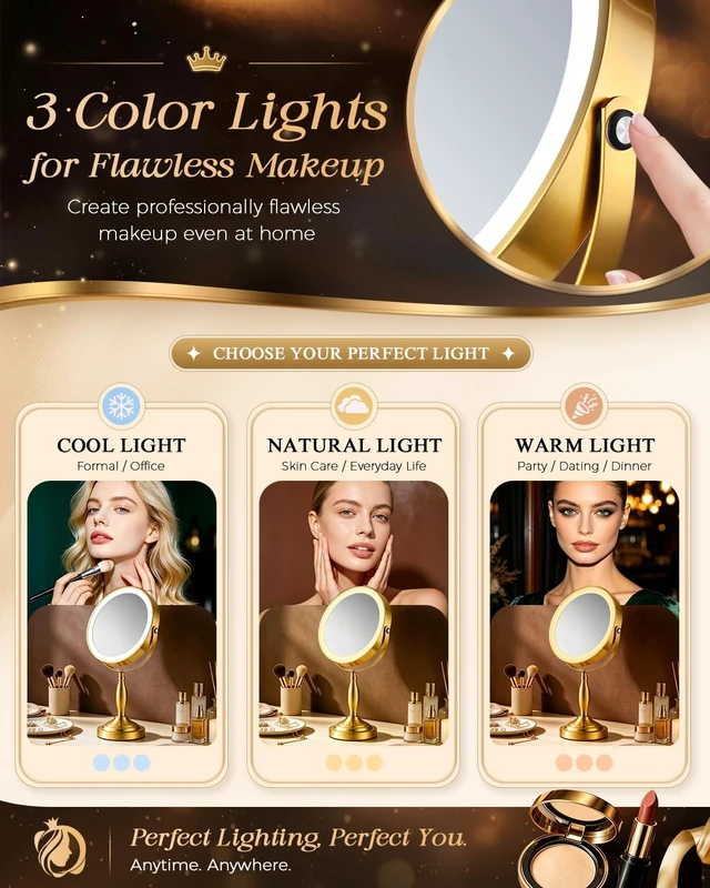 Alt view image 3 of 7 - 30X/1X Makeup Mirror with Lights, 8" Double Sided Vanity Mirror with Lights | 3 Color Modes & Dimmable, 5000mAh Rechargeable, Side Touch + Side Charging, 360° Rotation Tabletop Mirror, Brushed Gold
