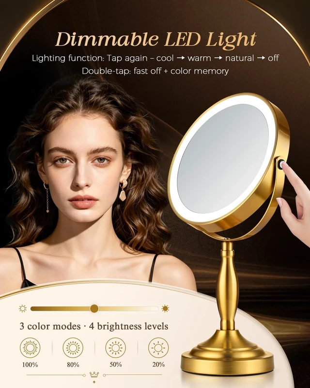 Alt view image 2 of 7 - 30X/1X Makeup Mirror with Lights, 8" Double Sided Vanity Mirror with Lights | 3 Color Modes & Dimmable, 5000mAh Rechargeable, Side Touch + Side Charging, 360° Rotation Tabletop Mirror, Brushed Gold