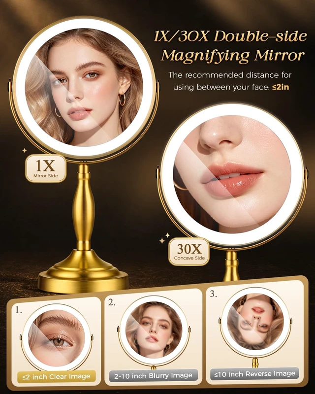 Alt view image 4 of 7 - 30X/1X Makeup Mirror with Lights, 8" Double Sided Vanity Mirror with Lights | 3 Color Modes & Dimmable, 5000mAh Rechargeable, Side Touch + Side Charging, 360° Rotation Tabletop Mirror, Brushed Gold