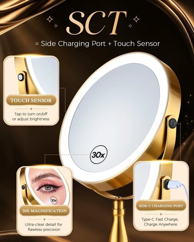 Alt view image 5 of 7 - 30X/1X Makeup Mirror with Lights, 8" Double Sided Vanity Mirror with Lights | 3 Color Modes & Dimmable, 5000mAh Rechargeable, Side Touch + Side Charging, 360° Rotation Tabletop Mirror, Brushed Gold