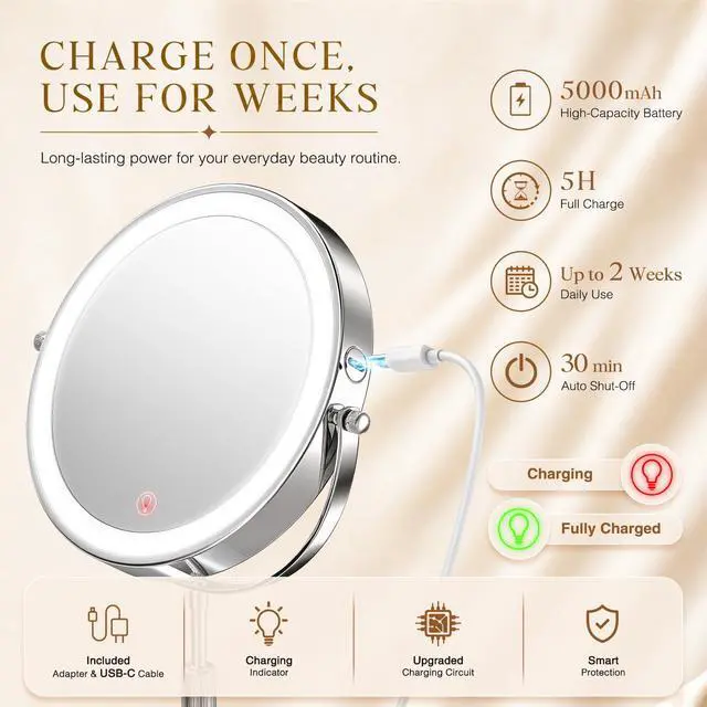 Alt view image 6 of 7 - Professional 9" Lighted Makeup Mirror with Magnification, 1X/20X Double-Sided Vanity Mirror, 3600 Lux Ultra-Bright 80 LED, 5000mAh Rechargeable, 3 Color Mode, Stepless Dimming, Chrome Finish, Gift Box
