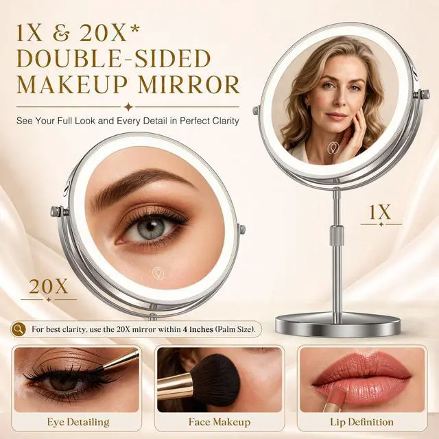 Alt view image 3 of 7 - Professional 9" Lighted Makeup Mirror with Magnification, 1X/20X Double-Sided Vanity Mirror, 3600 Lux Ultra-Bright 80 LED, 5000mAh Rechargeable, 3 Color Mode, Stepless Dimming, Chrome Finish, Gift Box