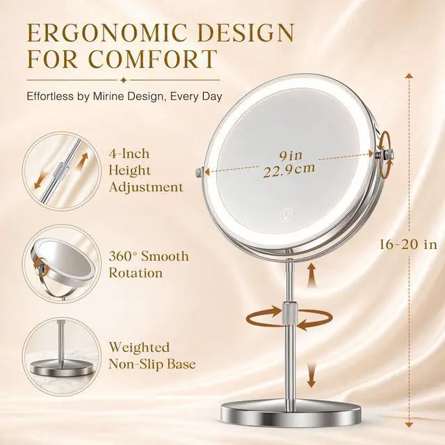 Alt view image 5 of 7 - Professional 9" Lighted Makeup Mirror with Magnification, 1X/20X Double-Sided Vanity Mirror, 3600 Lux Ultra-Bright 80 LED, 5000mAh Rechargeable, 3 Color Mode, Stepless Dimming, Chrome Finish, Gift Box
