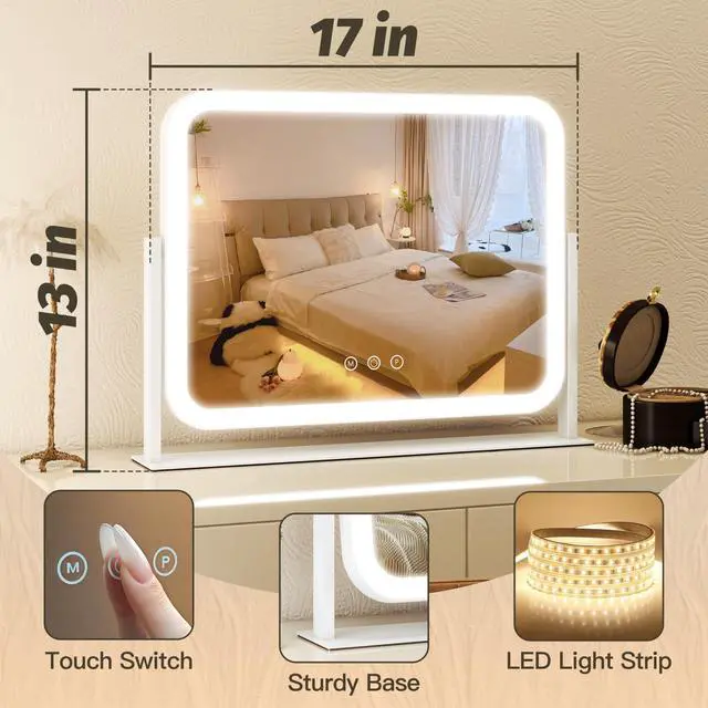Alt view image 7 of 7 - Vanity Mirror with Lights 17''x13'' Makeup Mirror with Lights,Vanity Mirror Touch Screen with 3-Color Lighting,Dimmable,for Vanity Desk Tabletop White