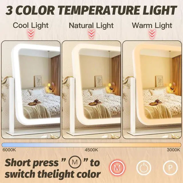 Alt view image 2 of 7 - Vanity Mirror with Lights 17''x13'' Makeup Mirror with Lights,Vanity Mirror Touch Screen with 3-Color Lighting,Dimmable,for Vanity Desk Tabletop White