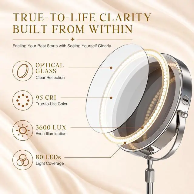 Alt view image 4 of 7 - Professional 9" Lighted Makeup Mirror with Magnification, 1X/20X Double-Sided Vanity Mirror, 3600 Lux Ultra-Bright 80 LED, 5000mAh Rechargeable, 3 Color Mode, Stepless Dimming, Chrome Finish, Gift Box
