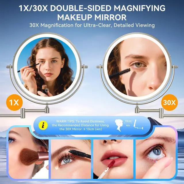 Alt view image 2 of 7 - 9 5000mAh 1X/30X Wall Mounted Lighted Magnifying Makeup Mirror
