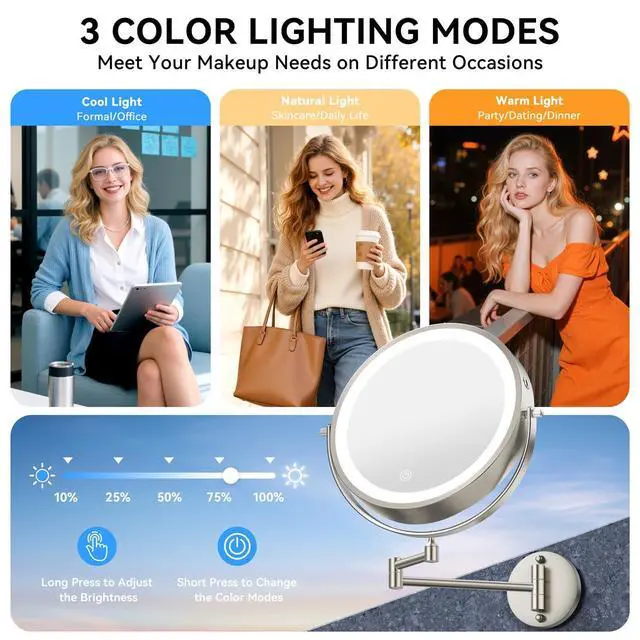 Alt view image 4 of 7 - 9 5000mAh 1X/30X Wall Mounted Lighted Magnifying Makeup Mirror
