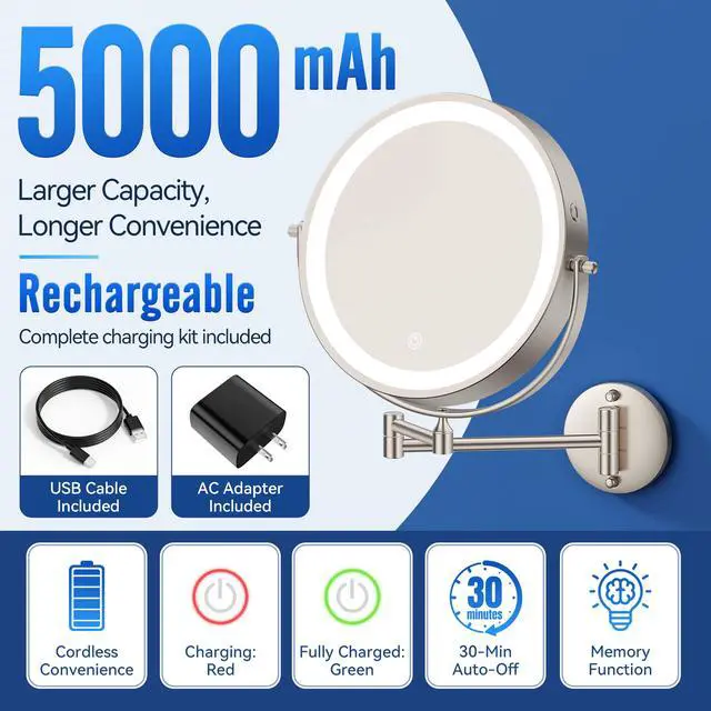 Alt view image 3 of 7 - 9 5000mAh 1X/30X Wall Mounted Lighted Magnifying Makeup Mirror