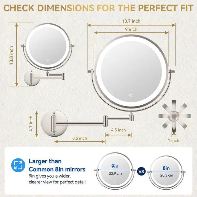 Alt view image 5 of 7 - 9 5000mAh 1X/30X Wall Mounted Lighted Magnifying Makeup Mirror
