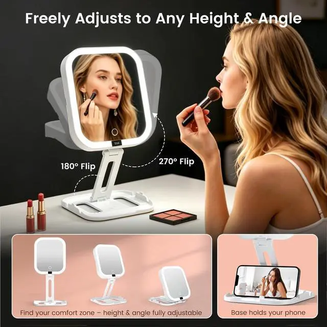 Alt view image 2 of 7 - Travel Makeup Mirror with Lights,1X/10X Magnifying Mirror with 3 Color Modes & Stepless Dimming, Foldable & Rechargeable Lighted Mirror with Digital Display, 2 Sided Touch Control