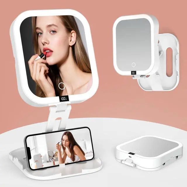 Main image of Travel Makeup Mirror with Lights,1X/10X Magnifying Mirror with 3 Color Modes & Stepless Dimming, Foldable & Rechargeable Lighted Mirror with Digital Display, 2 Sided Touch Control