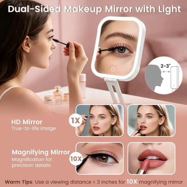 Alt view image 3 of 7 - Travel Makeup Mirror with Lights,1X/10X Magnifying Mirror with 3 Color Modes & Stepless Dimming, Foldable & Rechargeable Lighted Mirror with Digital Display, 2 Sided Touch Control