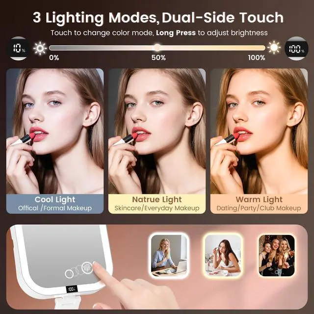 Alt view image 4 of 7 - Travel Makeup Mirror with Lights,1X/10X Magnifying Mirror with 3 Color Modes & Stepless Dimming, Foldable & Rechargeable Lighted Mirror with Digital Display, 2 Sided Touch Control