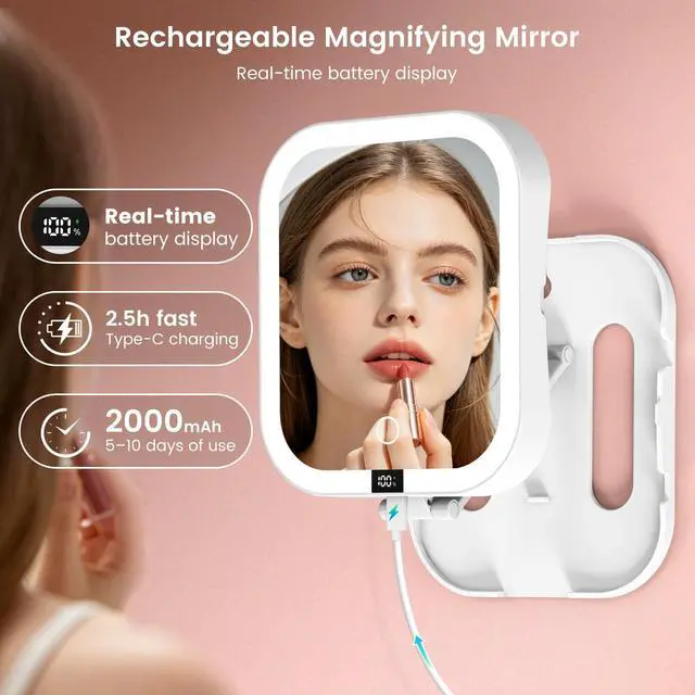 Alt view image 7 of 7 - Travel Makeup Mirror with Lights,1X/10X Magnifying Mirror with 3 Color Modes & Stepless Dimming, Foldable & Rechargeable Lighted Mirror with Digital Display, 2 Sided Touch Control