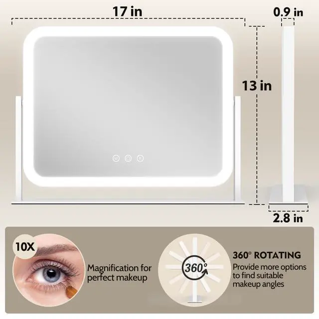Alt view image 2 of 7 - Lighted Makeup Mirror, 17"x13" Vanity Mirror with Lights, 10X Magnification, Gifts for Women, 3 Color Lighting Modes, Smart Touch Control, 360° Rotation for Bedroom or Tabletop (White)