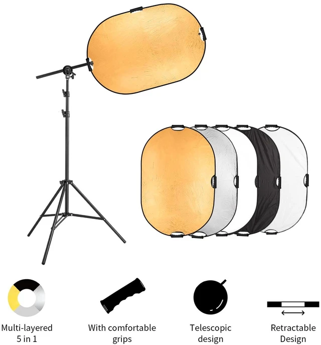 Alt view image 2 of 7 - Photography Reflector Stand kit, 24x36 inches 5 in 1 reflectors with 78 inches Light Stands and Extendable Holder Arm Clips for Photo Studio Lighting