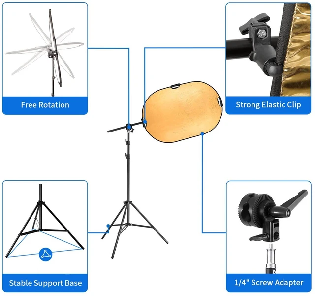 Alt view image 4 of 7 - Photography Reflector Stand kit, 24x36 inches 5 in 1 reflectors with 78 inches Light Stands and Extendable Holder Arm Clips for Photo Studio Lighting