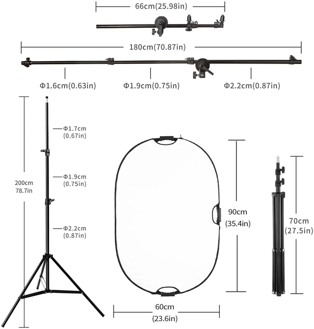 Alt view image 6 of 7 - Photography Reflector Stand kit, 24x36 inches 5 in 1 reflectors with 78 inches Light Stands and Extendable Holder Arm Clips for Photo Studio Lighting