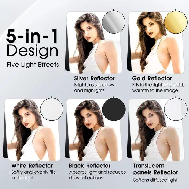 Alt view image 2 of 7 - 5-in-1 Light Reflector 43 Inch/110 cm Photography Diffuser Collapsible Portable with BagGold Silver White Black Translucent for Studio and Outdoor Lighting (43'' (110cm))