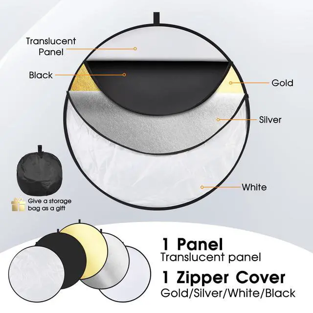 Alt view image 3 of 7 - 5-in-1 Light Reflector 43 Inch/110 cm Photography Diffuser Collapsible Portable with BagGold Silver White Black Translucent for Studio and Outdoor Lighting (43'' (110cm))