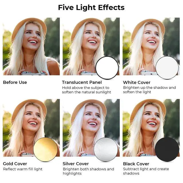 Alt view image 3 of 5 - 5-in-1 Light Reflector 32"(80cm) Photography Diffuser Collapsible Portable for Studio and Outdoor Lighting Gold Silver White Black Translucent
