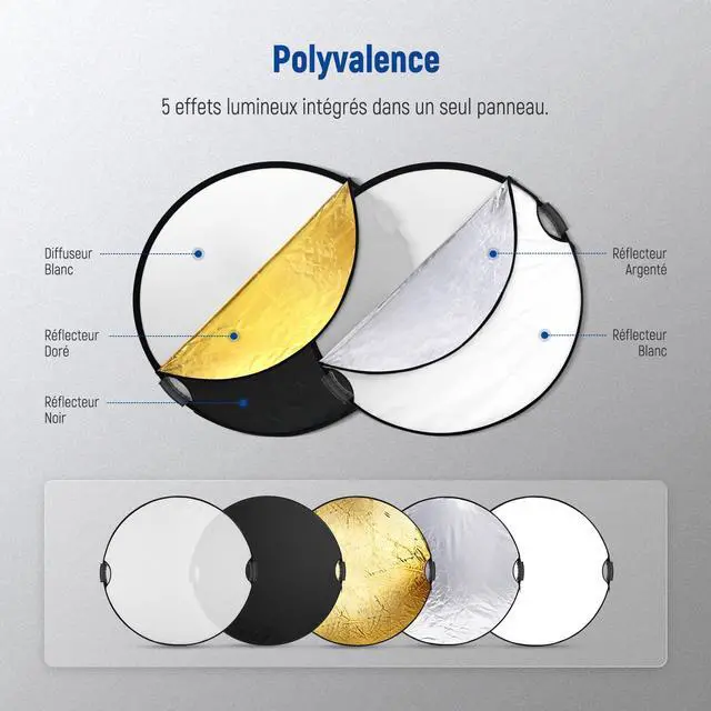 Alt view image 3 of 5 - 80cm Light Reflector with Handle & 3/8" Thread, 5 in 1 Foldable Round Light Diffuser, Translucent/Silver/Gold/White/Black for Studio or Outdoor Photo Lighting, RF-80II