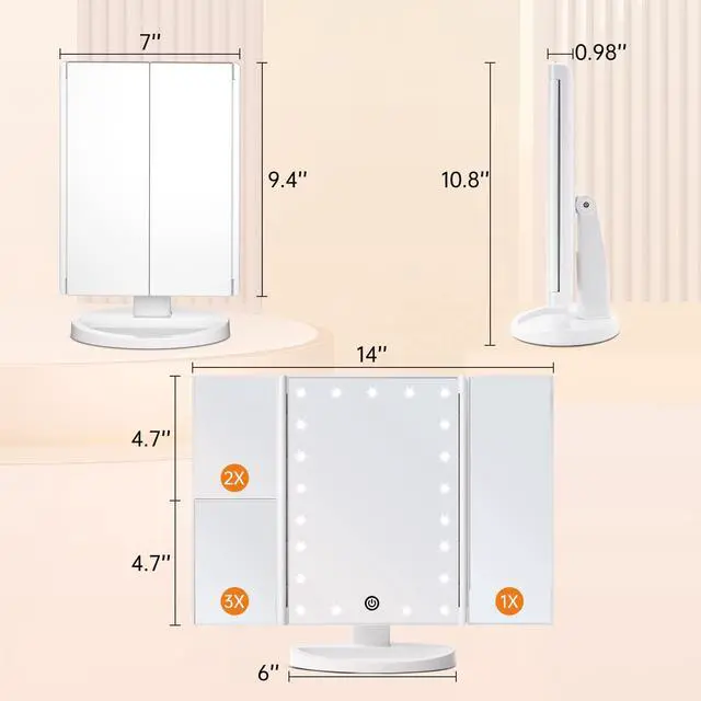 Alt view image 4 of 4 - Trifold Vanity Mirror with Lights, Make up Mirror with Lighting