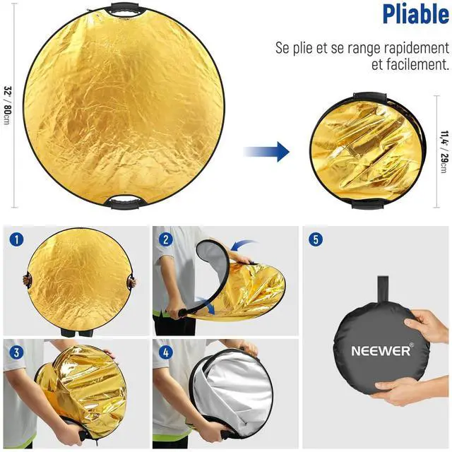 Alt view image 5 of 5 - 80cm Light Reflector with Handle & 3/8" Thread, 5 in 1 Foldable Round Light Diffuser, Translucent/Silver/Gold/White/Black for Studio or Outdoor Photo Lighting, RF-80II