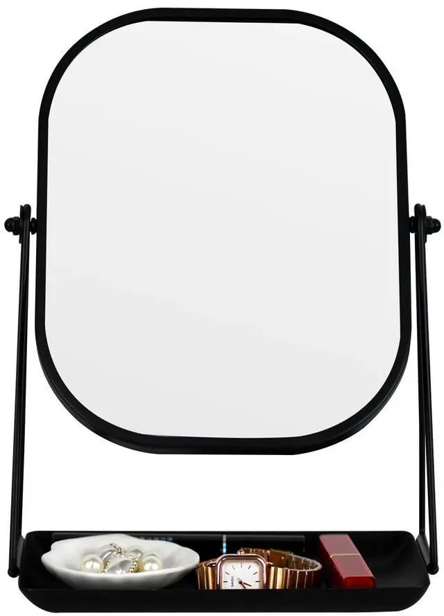 Main image of 360 Degrees Rotating Metal Makeup Mirror with Storage, Vanity Mirror for Desk, Bathroom, Bedroom, Dressing Table (Black)