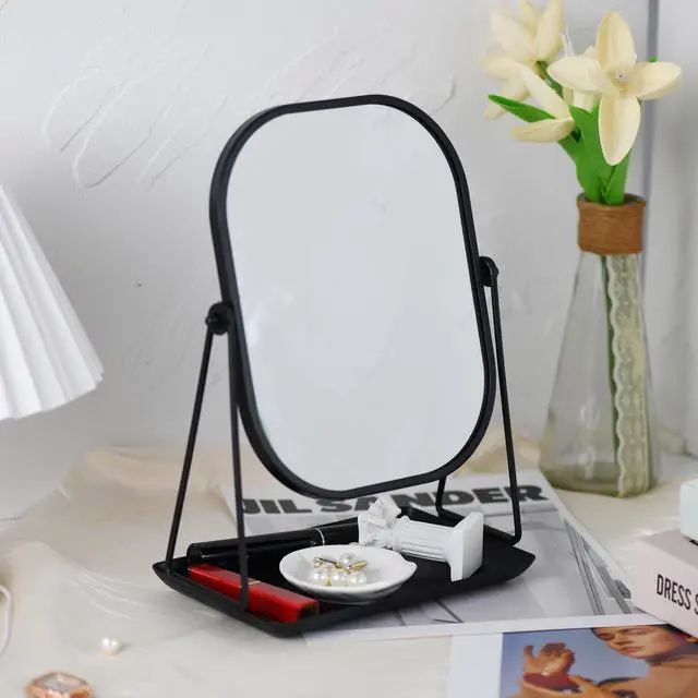 Alt view image 4 of 6 - 360 Degrees Rotating Metal Makeup Mirror with Storage, Vanity Mirror for Desk, Bathroom, Bedroom, Dressing Table (Black)
