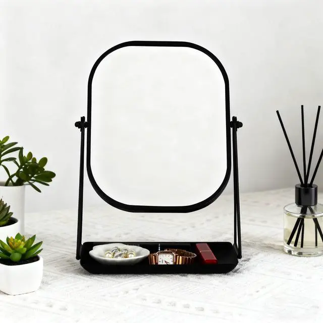 Alt view image 3 of 6 - 360 Degrees Rotating Metal Makeup Mirror with Storage, Vanity Mirror for Desk, Bathroom, Bedroom, Dressing Table (Black)