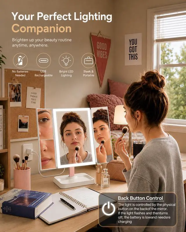 Alt view image 7 of 7 - for Mom Makeup Mirror Vanity Mirror with Lights, 14.4" L x 9.1" W Rechargeable Lighted Mirror with 1X 2X 3X Magnification, 76 LEDs & 3 Color Modes, Gifts for Women, Dorm Room Essentials