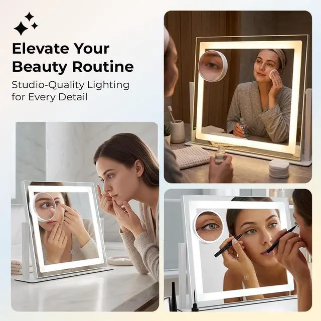 Alt view image 2 of 6 - Vanity Mirror with Lights, 12" x 16" Lighted Makeup Mirror with Smart Touch Control, LED Makeup Mirror with 3 Color Lighting Modes, 10X Magnification, 360° Rotation for Tabletop - White