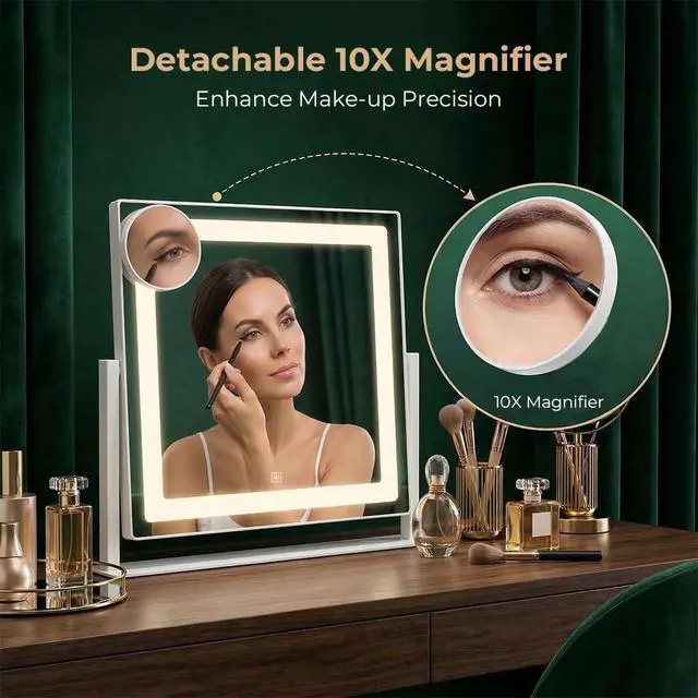 Alt view image 6 of 6 - Vanity Mirror with Lights, 12" x 16" Lighted Makeup Mirror with Smart Touch Control, LED Makeup Mirror with 3 Color Lighting Modes, 10X Magnification, 360° Rotation for Tabletop - White