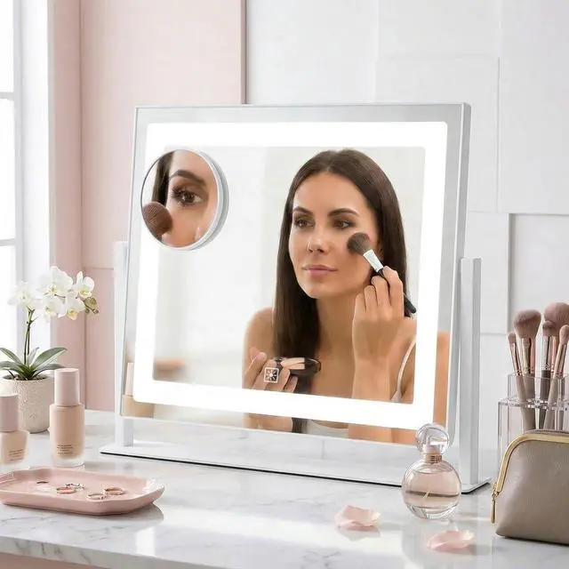 Main image of Vanity Mirror with Lights, 12" x 16" Lighted Makeup Mirror with Smart Touch Control, LED Makeup Mirror with 3 Color Lighting Modes, 10X Magnification, 360° Rotation for Tabletop - White