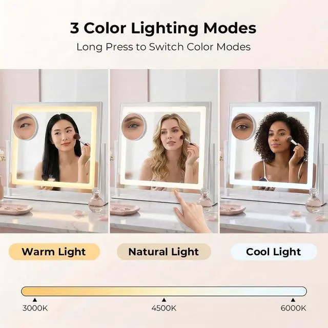 Alt view image 3 of 6 - Vanity Mirror with Lights, 12" x 16" Lighted Makeup Mirror with Smart Touch Control, LED Makeup Mirror with 3 Color Lighting Modes, 10X Magnification, 360° Rotation for Tabletop - White