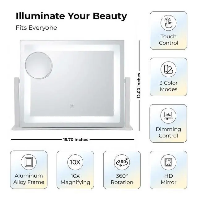 Alt view image 5 of 6 - Vanity Mirror with Lights, 12" x 16" Lighted Makeup Mirror with Smart Touch Control, LED Makeup Mirror with 3 Color Lighting Modes, 10X Magnification, 360° Rotation for Tabletop - White