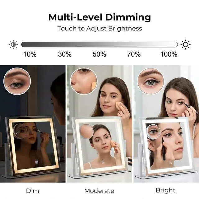 Alt view image 4 of 6 - Vanity Mirror with Lights, 12" x 16" Lighted Makeup Mirror with Smart Touch Control, LED Makeup Mirror with 3 Color Lighting Modes, 10X Magnification, 360° Rotation for Tabletop - White