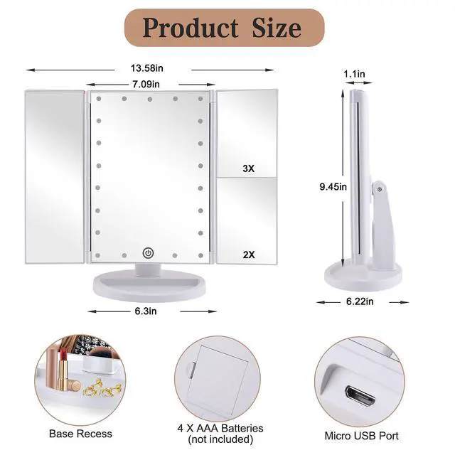 Alt view image 2 of 6 - Tri-fold Lighted Vanity Makeup Mirror with 3x/2x Magnification,Light up Mirror for Makeup,Touch Screen 21 LEDs,180° Rotation Countertop Cosmetic Mirror,Gifts for Women Mom Teen Girls