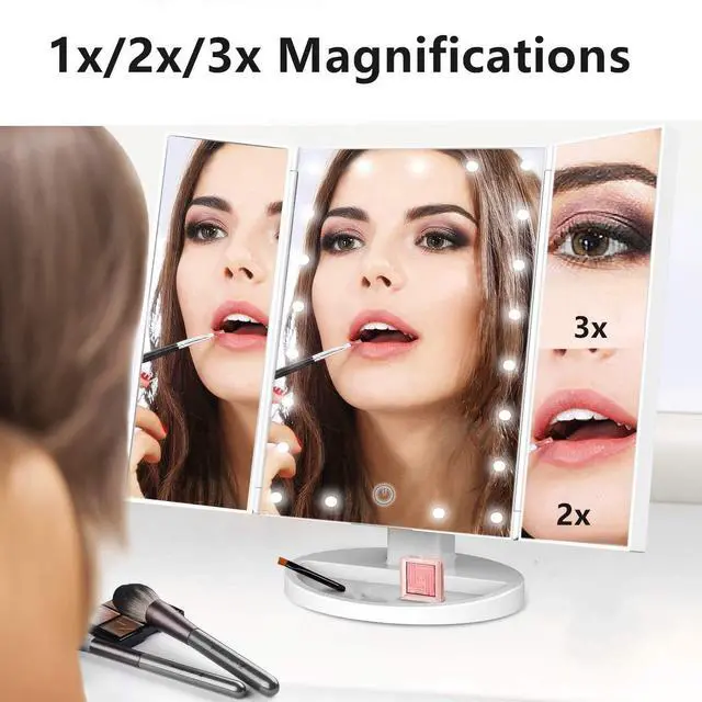 Alt view image 6 of 6 - Tri-fold Lighted Vanity Makeup Mirror with 3x/2x Magnification,Light up Mirror for Makeup,Touch Screen 21 LEDs,180° Rotation Countertop Cosmetic Mirror,Gifts for Women Mom Teen Girls