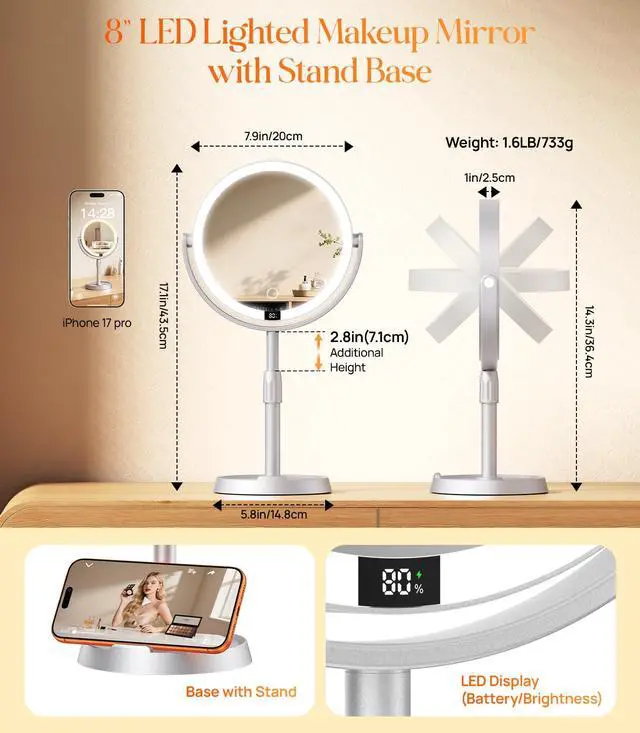 Alt view image 3 of 7 - ABS 8" Lighted Makeup Mirror with Lights and 20X Magnification